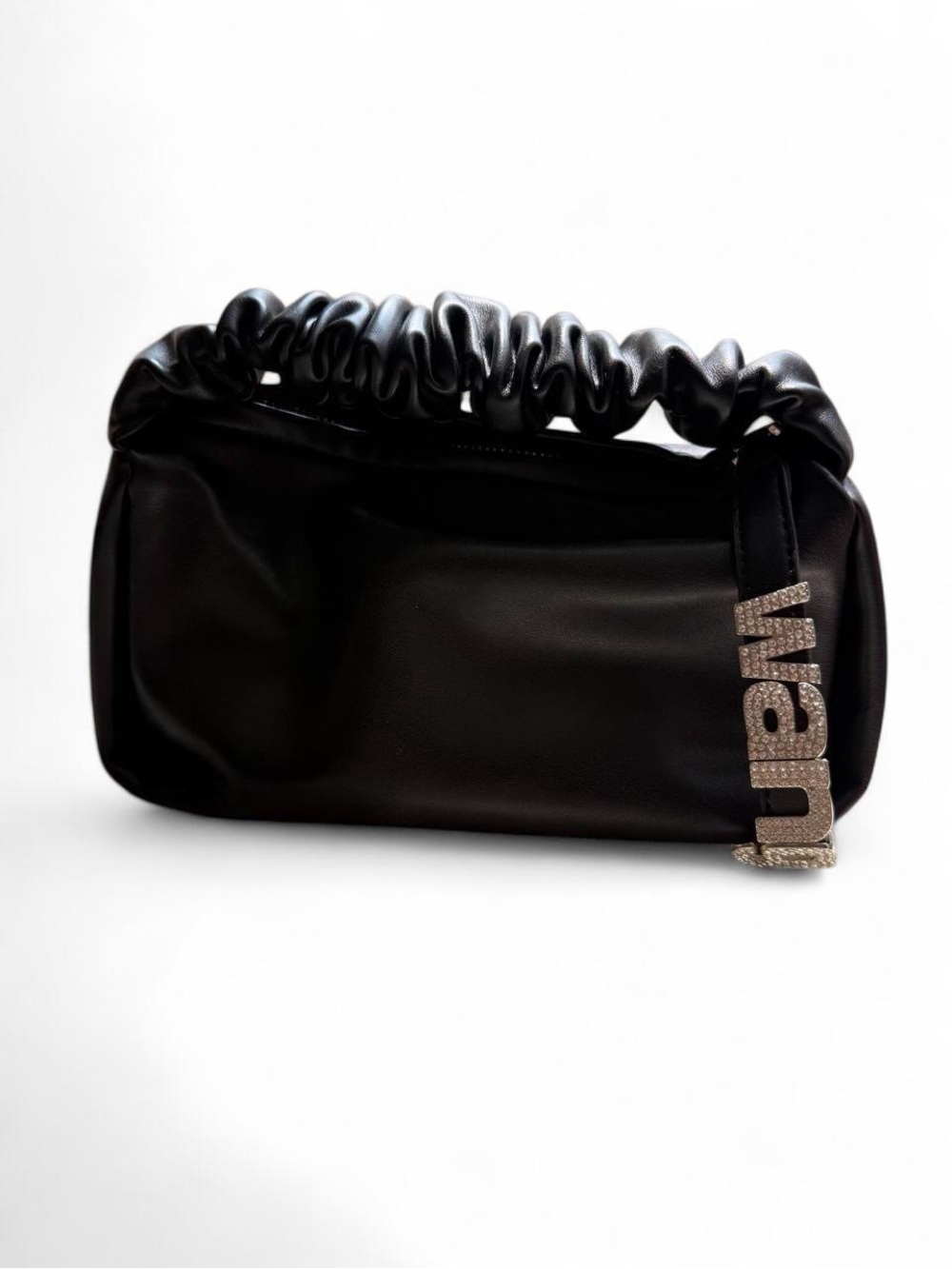 Black Ruched Handle Hand Bag with Crystal 'Wang' Charm